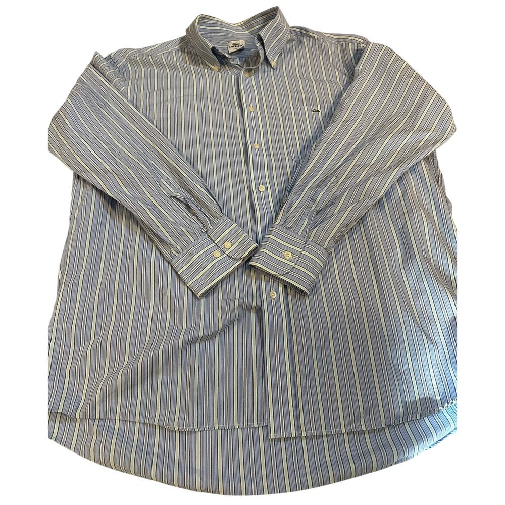 Vintage Lacoste 44 Blue Striped Button Down Dress Shirt Made In Hong Kong Y2K